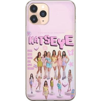 Kompatibelt Mobildeksel til Apple iPhone 11 Pro KATSEYE i mykt pastellfarget kollasj med gruppeportrett, dekorative symboler og rosa detaljer