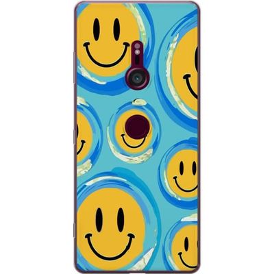 Kompatibel Mobilcover til Sony Xperia XZ3 Grafisk mønster med glade ansigter i blå og gule farver for en glad følelse
