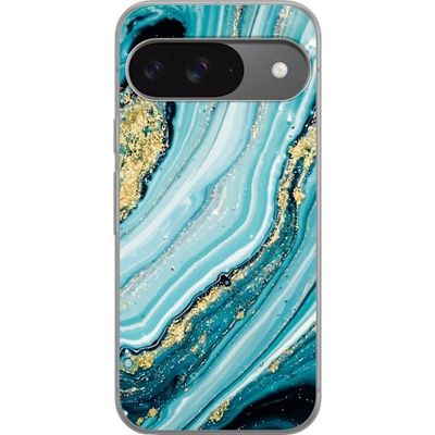 Kompatibelt Mobildeksel til Google Pixel 9 Pro Abstrakt marmorering i turkis, hvitt og gull med flytende glittereffekt