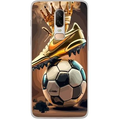 Kompatibelt Mobildeksel til OnePlus 6 Fotball og krone i gylden fargeskala som skaper et dekorativt sportsinspirert uttrykk
