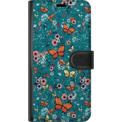 Kompatibel Tegnebogsetui til Google Pixel 8 Farverigt mønster med orange sommerfugle, lyserøde blomster og grønne planter på turkis baggrund