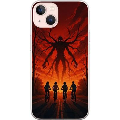 Kompatibelt Mobildeksel til Apple iPhone 13 Mørk Stranger Things-inspirert skrekkillustrasjon med rød himmel, truende monster og syklende barn i dram