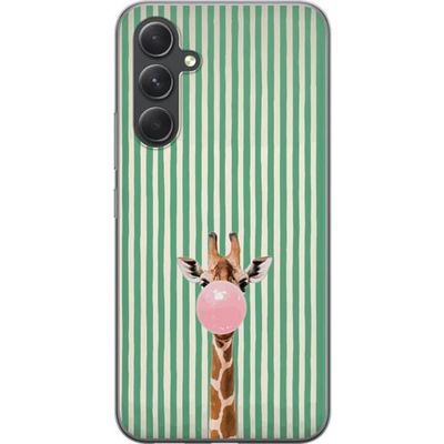 Kompatibelt Mobildeksel til Samsung Galaxy S24 Sjiraff med rosa tyggegummiboble foran vertikale grønne og beige striper