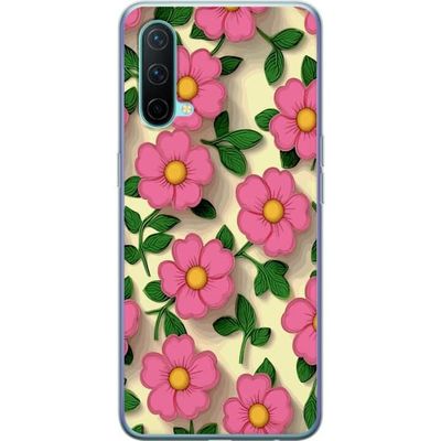 Kompatibelt Mobildeksel til OnePlus Nord CE 5G Blomstermotiv med rosa blomster og grønne blader på lys bakgrunn i dekorativ stil