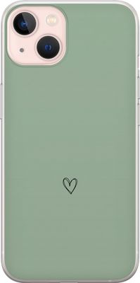 Kompatibelt Mobildeksel til Apple iPhone 13 Enkelt svart linjetegnet hjerte på ensfarget myk grønn bakgrunn med minimalistisk uttrykk