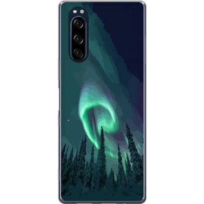 Kompatibel Mobilcover til Sony Xperia 5 Naturmotiv med grønt nordlys, stjernehimmel og snedækkede graner