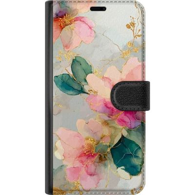 Kompatibelt Lommeboketui til Google Pixel 9a Kunstnerisk motiv med rosa blomster, grønne blader og gylne linjer