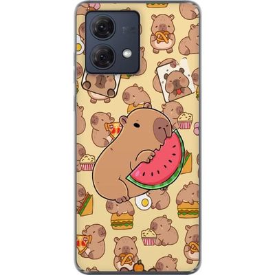 Kompatibelt Mobildeksel til Motorola Moto G84 Capybara Snack Tid Søte kapibarer nyter vannmelon pizza og popcorn i en varm og leken design som sprer