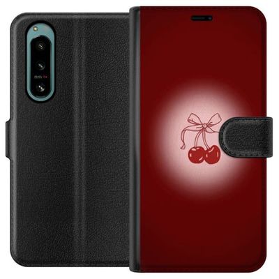 Kompatibel Tegnebogsetui til Sony Xperia 5 IV Cherry Bow kirsebær design med bånd i romantisk retro-stil rød farve og vintage følelse