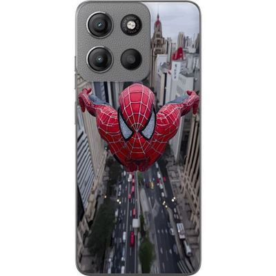 Kompatibelt Mobildeksel til Motorola Moto G15 Spiderman over byen Marvel superhelt handling by silhuett svingende dynamisk tegneseriehelt motiv plaka