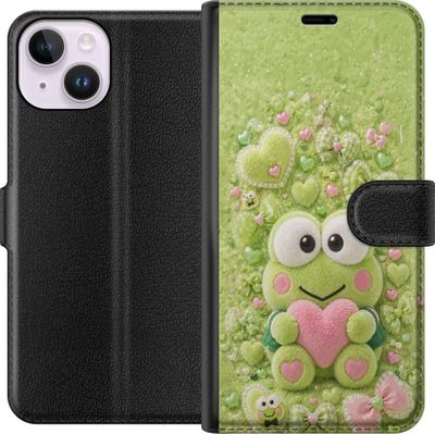 Kompatibel Tegnebogsetui til Apple iPhone 14 Sød fluffy grøn frø med lyserødt hjerte og dekorative rosetter