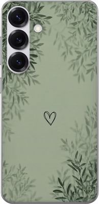 Kompatibelt Mobildeksel til Samsung Galaxy S25 Grønn minimalistisk bakgrunn med enkelt hjerte, botaniske blader og myke naturlige skygger