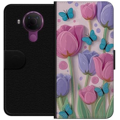 Kompatibelt Lommeboketui til Nokia 5.4 Tulipaner med sommerfugler i lyse farger, dekorativt og harmonisk naturmotiv
