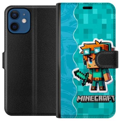 Kompatibelt Lommeboketui til Apple iPhone 12 Pixelstil figur med sverd og turkis blokkete bakgrunn i spillinspirert design