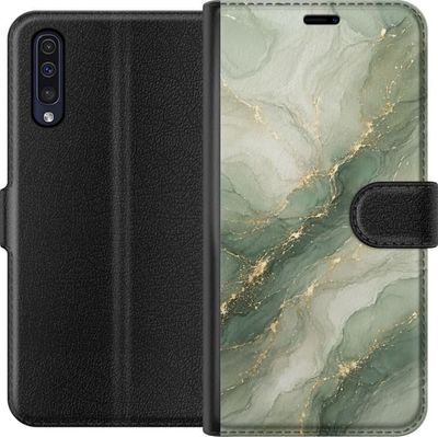 Kompatibelt Lommeboketui til Samsung Galaxy A50 Grønn marmorinspirert design med flytende steinstruktur, lyse partier og elegante gullfargede årer