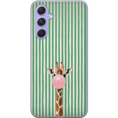 Kompatibelt Mobildeksel til Samsung Galaxy A54 Sjiraff med rosa tyggegummiboble foran vertikale grønne og beige striper