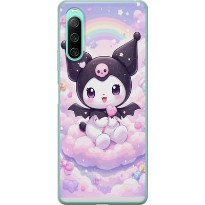 Kompatibel Mobilcover til Sony Xperia 10 IV Kuromi sidder på en lyserød sky med en hjerte slikkepind og regnbue.
