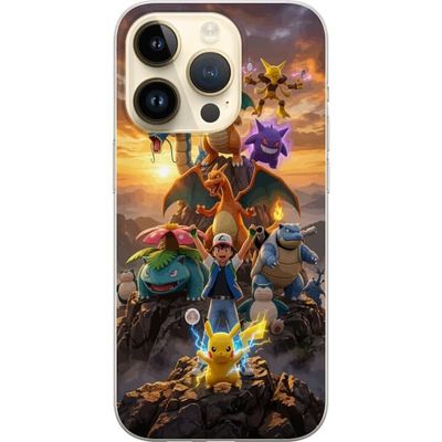 Kompatibelt Mobildeksel til Apple iPhone 15 Pro Pokémon samlet i et episk motiv med ikoniske figurer og dramatisk bakgrunn