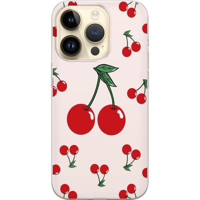 Kompatibelt Mobildeksel til Apple iPhone 15 Pro Illustrert kirsebærmønster med røde detaljer og myk beige tone