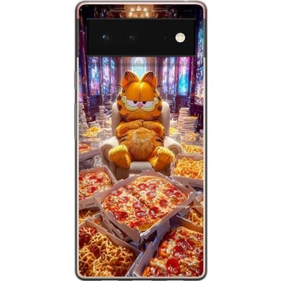 Kompatibelt Mobildeksel til Google Pixel 6 Animert oransj katt i lenestol omgitt av pizza og hurtigmat i humoristisk miljø