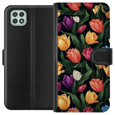 Kompatibelt Lommeboketui til Samsung Galaxy A22 5G Fargerikt blomstermotiv med tulipaner og grønne blader på mørk bakgrunn