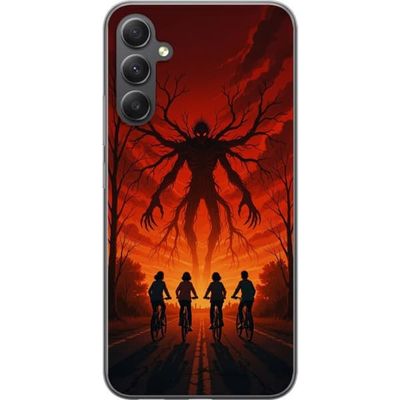 Kompatibelt Mobildeksel til Samsung Galaxy A16 5G Mørk Stranger Things-inspirert skrekkillustrasjon med rød himmel, truende monster og syklende barn