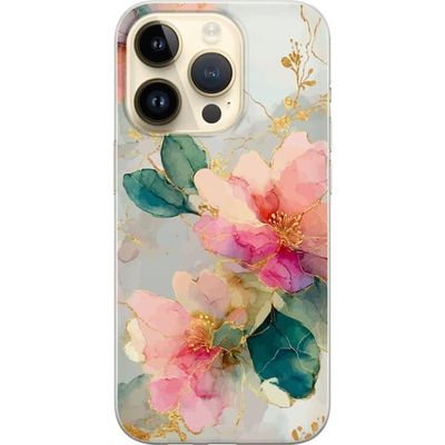 Kompatibelt Mobildeksel til Apple iPhone 14 Pro Kunstnerisk motiv med rosa blomster, grønne blader og gylne linjer