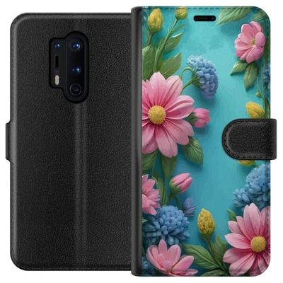Kompatibelt Lommeboketui til OnePlus 8 Pro Botanisk motiv med fargerike blomster og grønne blader mot turkis bakgrunn