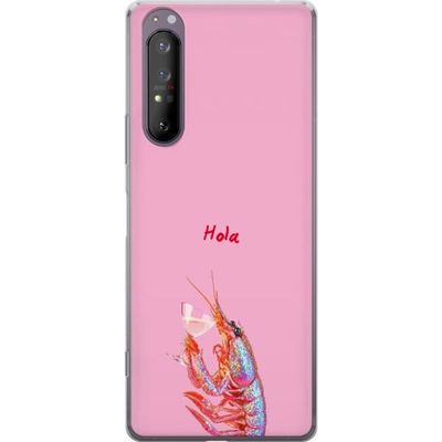 Kompatibel Mobilcover til Sony Xperia 1 II Humoristisk motiv med glitrende hummer, vinglas og Hola-tekst på lyserød baggrund