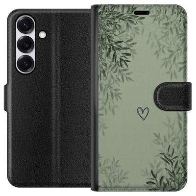 Kompatibelt Lommeboketui til Samsung Galaxy S25 Grønn minimalistisk bakgrunn med enkelt hjerte, botaniske blader og myke naturlige skygger