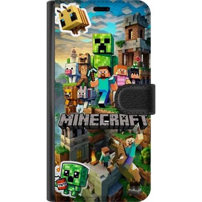 Kompatibelt Lommeboketui til Motorola Moto G24 Voxel spill eventyr med blokkfigurer, dyr og grønt pikselmonster i fargerikt blokklandskap.