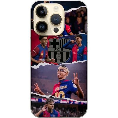 Kompatibelt Mobildeksel til Apple iPhone 15 Pro Lamine Yamal i et illustrert fotballkollasj med flere kampscener og klubbemblemer