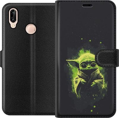 Kompatibelt Lommeboketui til Huawei P20 lite Mørkt fantasymotiv med et lite grønt romvesen, store øyne og lysende grønne detaljer mot svart bakgrunn