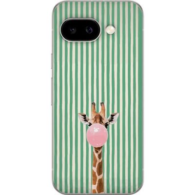 Kompatibelt Mobildeksel til Google Pixel 10a Sjiraff med rosa tyggegummiboble foran vertikale grønne og beige striper