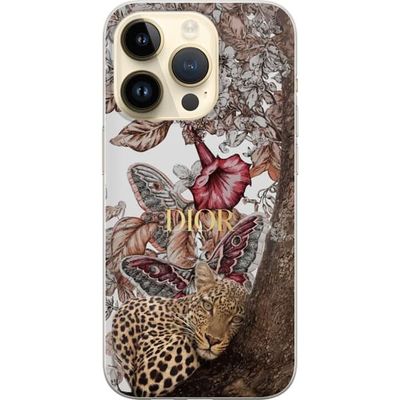 Kompatibelt Mobildeksel til Apple iPhone 14 Pro Leopard med markert pelsmønster sammen med blomster og illustrerte sommerfugler i brunt og vinrøde to