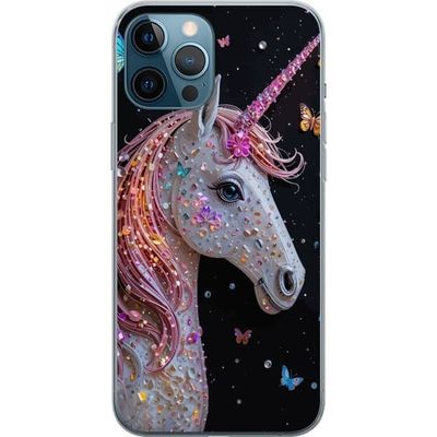 Kompatibelt Mobildeksel til Apple iPhone 12 Pro Max Illustrasjon av glitrende enhjørning med rosa man og dekorative sommerfugler