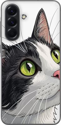 Kompatibelt Mobildeksel til Samsung Galaxy A56 Nærbilde av svart-hvit katt med intenst grønne øyne mot hvit bakgrunn