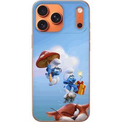 Kompatibelt Mobildeksel til Apple iPhone 17 Pro Max Tegnet motiv med Smurfene og gave på lysblå bakgrunn
