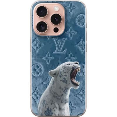 Kompatibelt Mobildeksel til Apple iPhone 16 Pro Luksuriøst dyremotiv med hvit leopard og lys blått dekorativt design