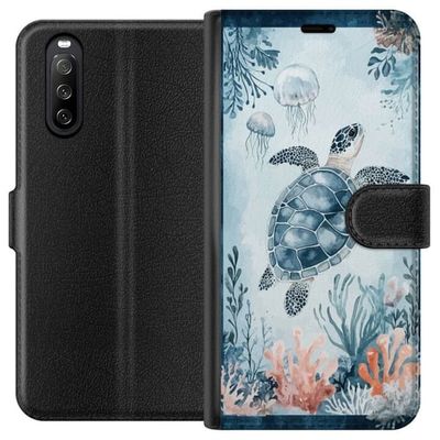 Kompatibel Tegnebogsetui til Sony Xperia 10 III Vandfarver havskildpadde i stille blåt havet blandt koraller og svævende maneter
