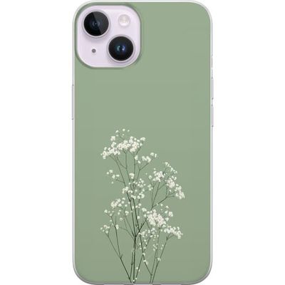 Kompatibelt Mobildeksel til Apple iPhone 14 Botanisk motiv med små hvite blomster og tynne stilker på grønn bakgrunn