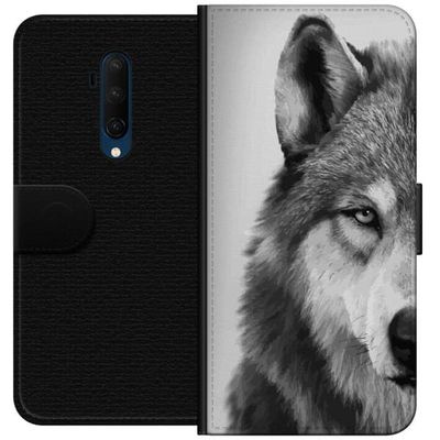 Kompatibelt Lommeboketui til OnePlus 7T Pro Svart og hvitt ulveportrett med intensivt blikk, detaljert pels og kraftig følelse, stilrent naturmotiv m
