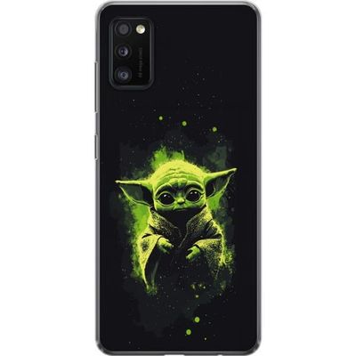 Kompatibelt Mobildeksel til Samsung Galaxy A41 Mørkt fantasimotiv med et lite grønt romvesen, store øyne og lysende grønne detaljer mot svart bakgrun