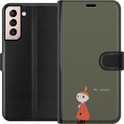 Kompatibel Tegnebogsetui til Samsung Galaxy S21 Illustreret motiv med Lille My i orange kjole, humoristisk citat og dæmpet grøn baggrund