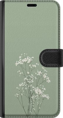 Kompatibelt Lommeboketui til Samsung Galaxy A56 Botanisk motiv med små hvite blomster og tynne stilker på grønn bakgrunn