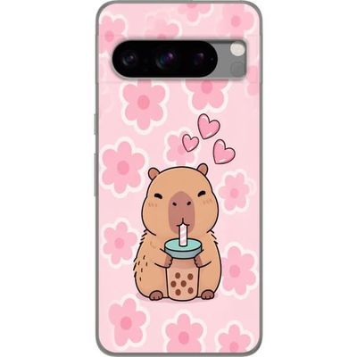Kompatibelt Mobildeksel til Google Pixel 8 Pro Leken kapybara med bubble tea, rosa hjerter og store blomster i et mykt tegnet motiv
