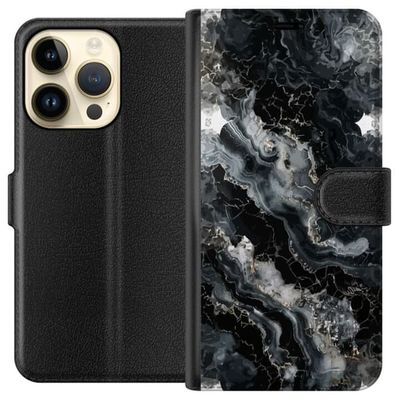 Kompatibelt Lommeboketui til Apple iPhone 15 Pro Elegant marmormønster i svart, grått og hvitt med skimrende detaljer