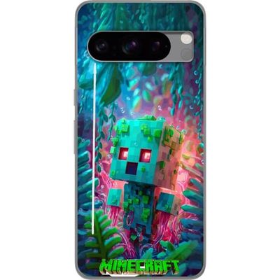 Kompatibelt Mobildeksel til Google Pixel 8 Pro Kubisk turkis figur med grønne detaljer omgitt av rosa organiske former, planter og svevende bobler