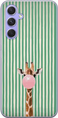 Kompatibel Mobilcover til Samsung Galaxy A54 Giraf med lyserød tyggegummiboble foran lodrette grønne og beige striber