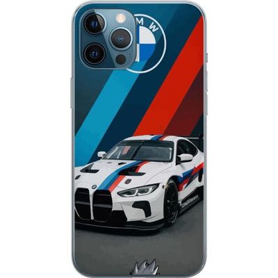 Kompatibelt Mobildeksel til Apple iPhone 12 Pro Max BMW M Sport design med hvit racerbil og klassiske M striper, perfekt bil motiv for BMW-entusiaste